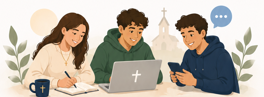 Three friends around a table, mid-conversation